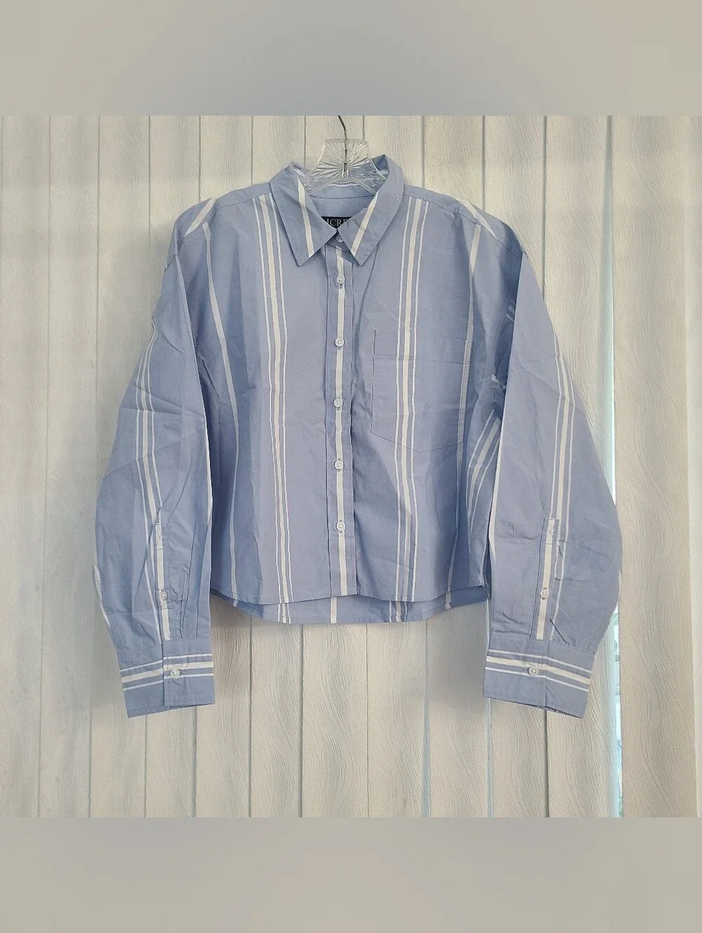 J.CREW M Etienne Crop Blue White Stripe Boxy Oversize Cotton Poplin Button Top